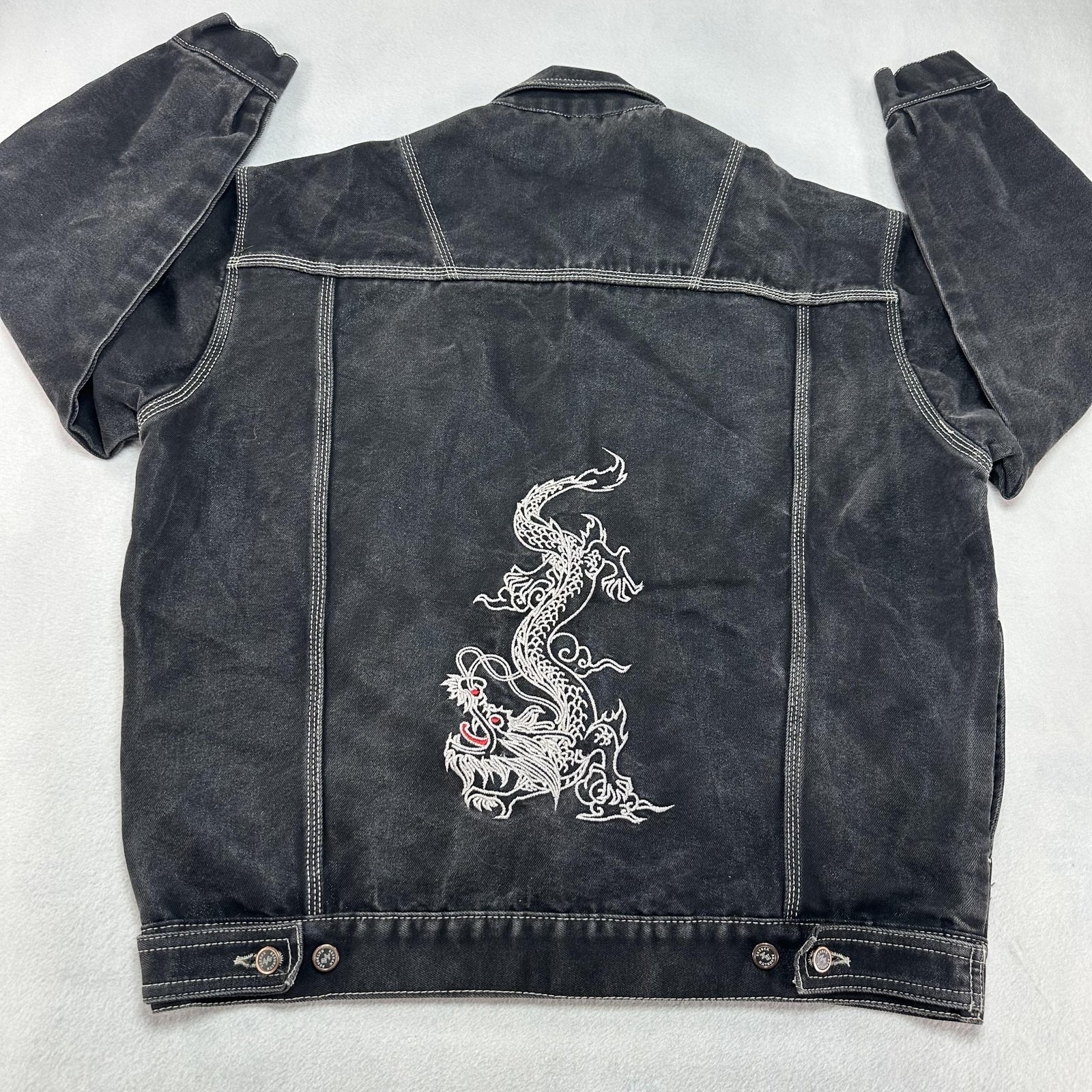 Brooklyn Xpress Jacket Mens Medium Black Denim Dragon Embroidered Trucker Washed